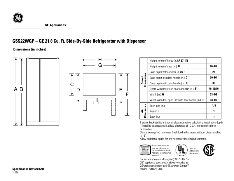 Page 1 of the manual Technical Sheet GE GSS22WGPWW