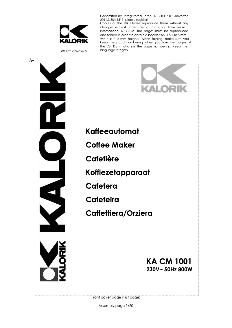 Page 1 of the manual User Manual Kalorik KA CM 1001