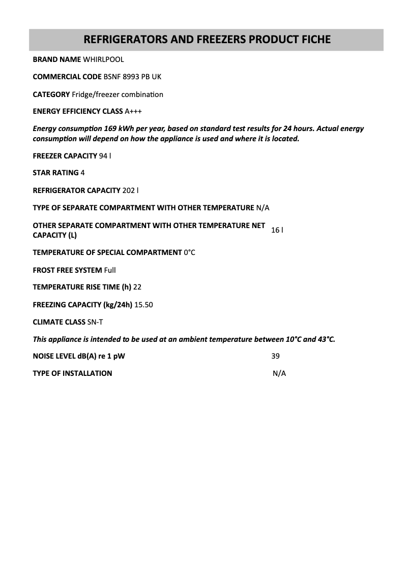 Page 1 of the manual Technical Sheet Whirlpool BSNF 8993 PB UK