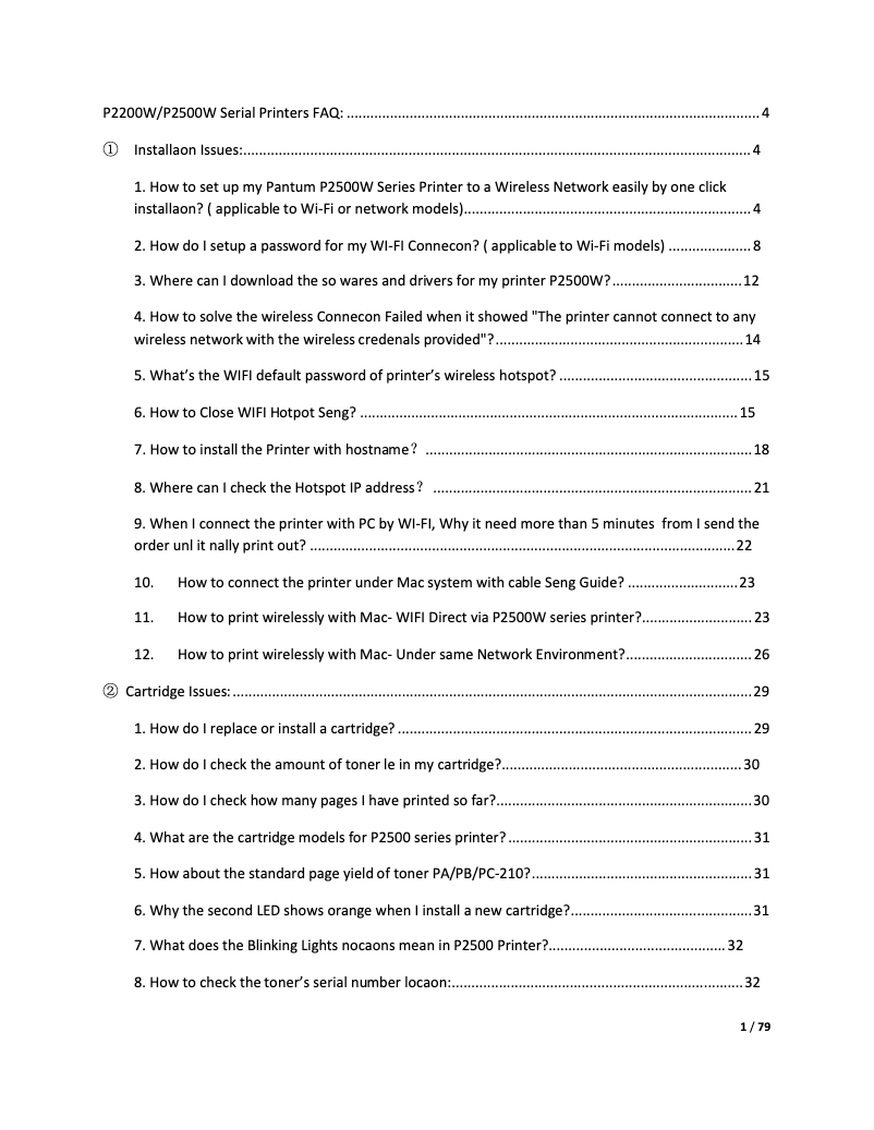 Page 1 of the manual FAQ Pantum P2502W