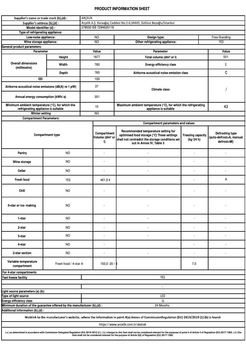 Page 1 of the manual Technical Sheet Arçelik 278550 IEB