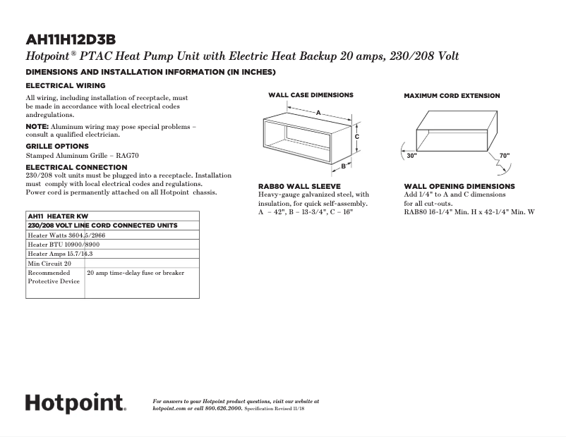 Page 1 of the manual Technical Sheet Hotpoint AH11H12D5B