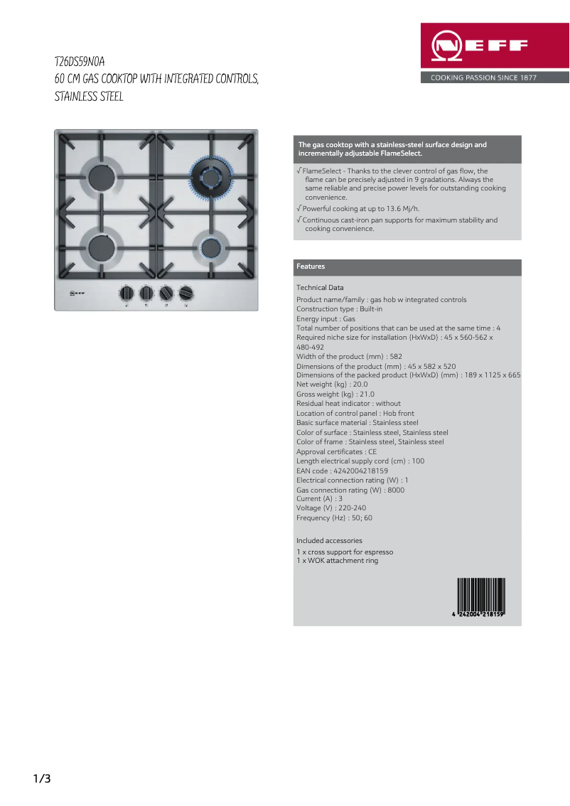 Page 1 of the manual Technical Sheet Neff T26DS59N0A