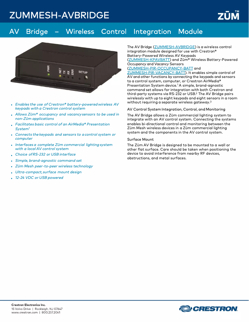 Page 1 of the manual Technical Sheet Crestron ZUMMESH-AVBRIDGE