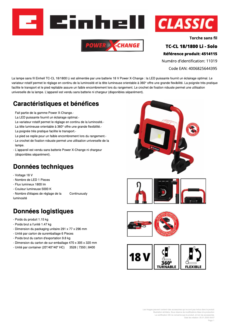 Page 1 of the manual Technical Sheet Einhell TC-CL 18/1800 Li - Solo