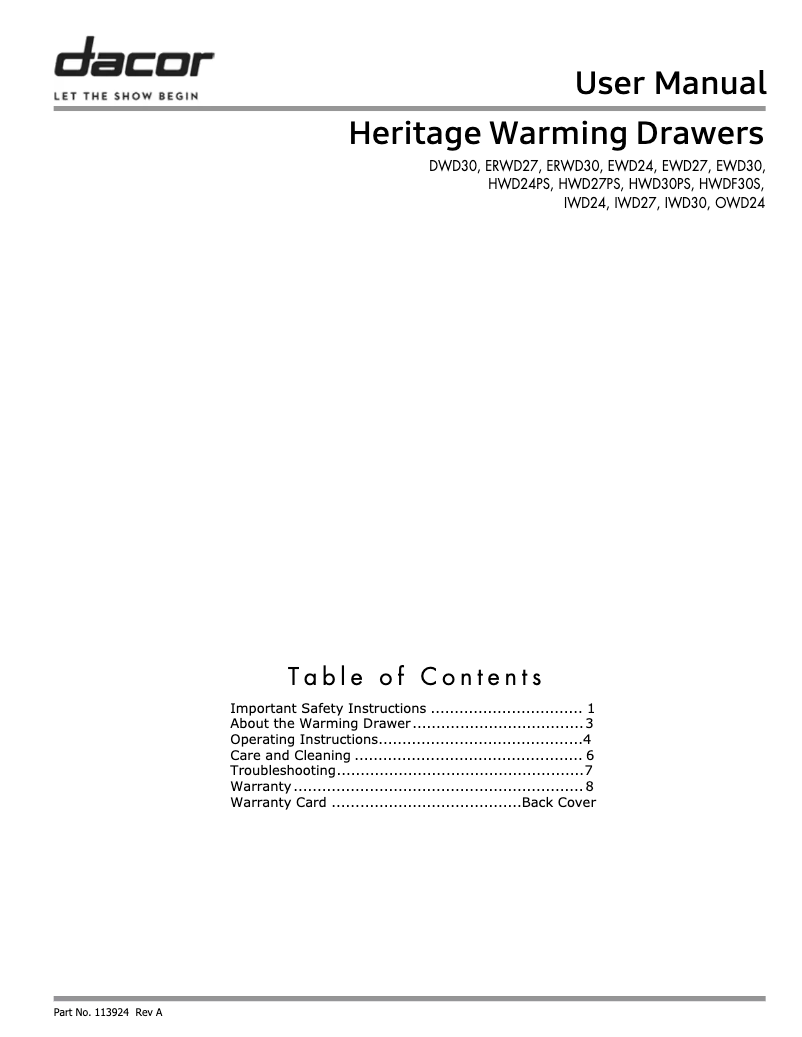 Page 1 of the manual User Manual Dacor HWD27PS