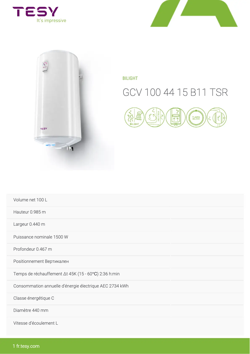 Page 1 of the manual Technical Sheet Tesy BiLight 100