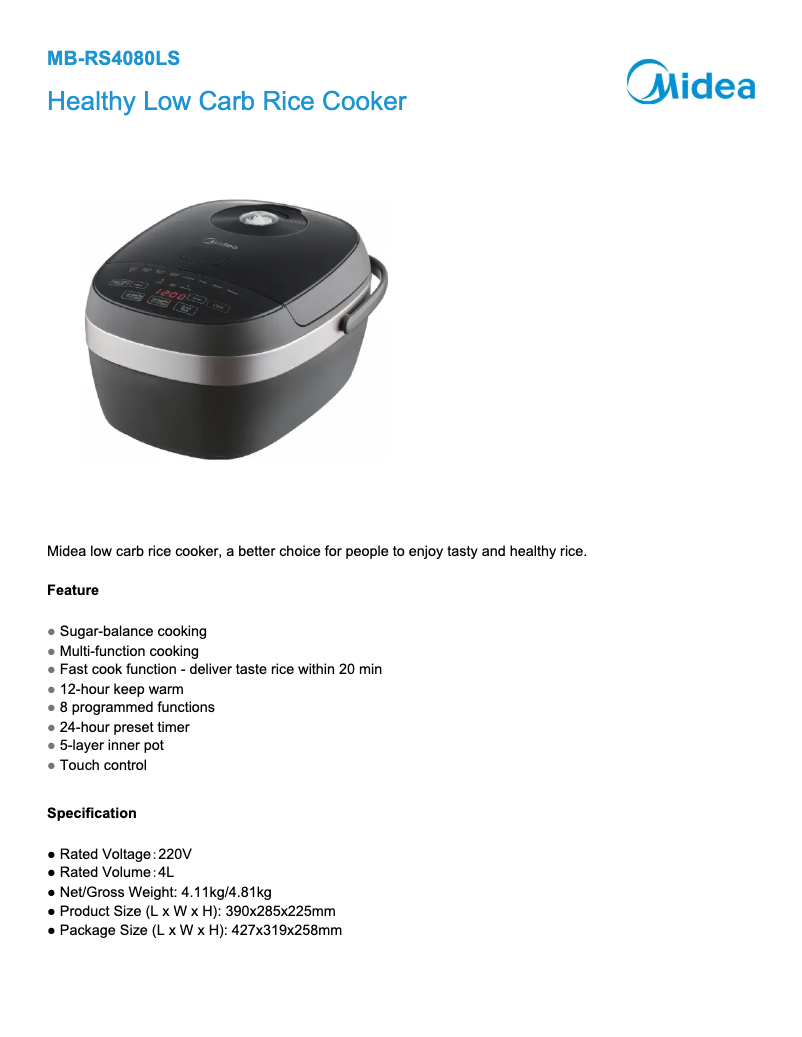 Page 1 of the manual Technical Sheet Midea MB-RS4080LS