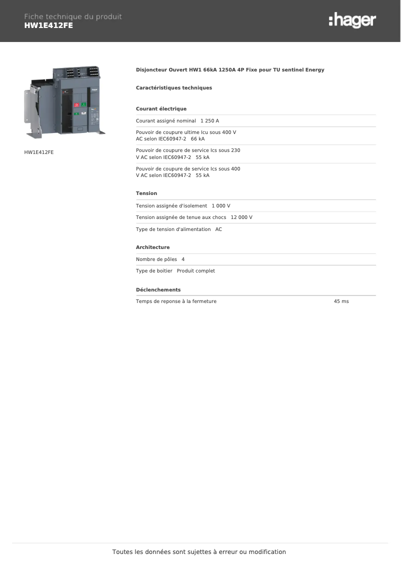 Page 1 of the manual Technical Sheet Hager HW1E412FE