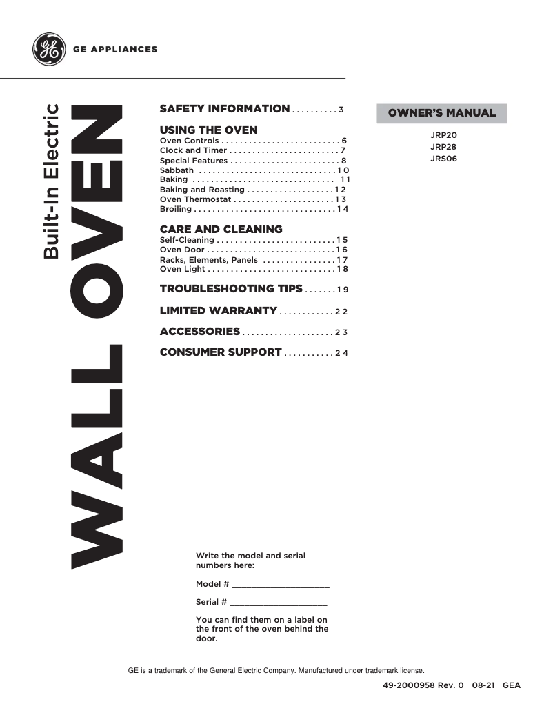 Page 1 of the manual Use and Maintenance Manual GE JRP28BJBB