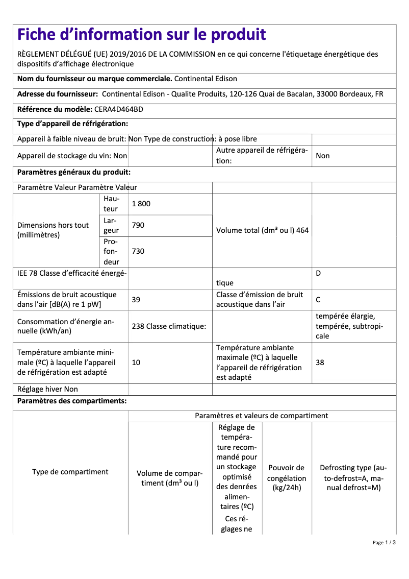 Page 1 of the manual Energy Label Continental Edison CERA4D464BD