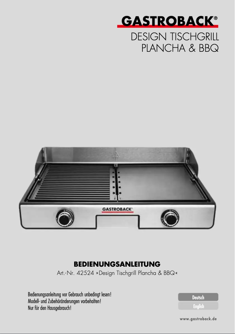 Page 1 of the manual User Manual Gastroback Plancha & BBQ 42524