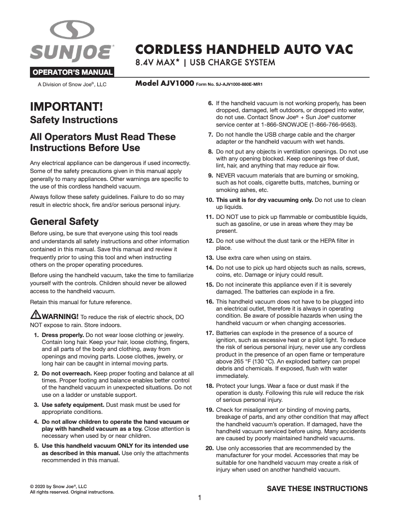 Page 1 of the manual User Manual Sun Joe AJV1000