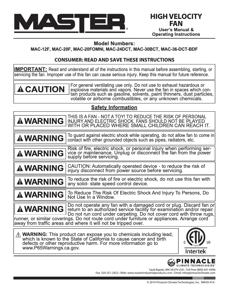 First page image of the manual for MAC-20FOMNI