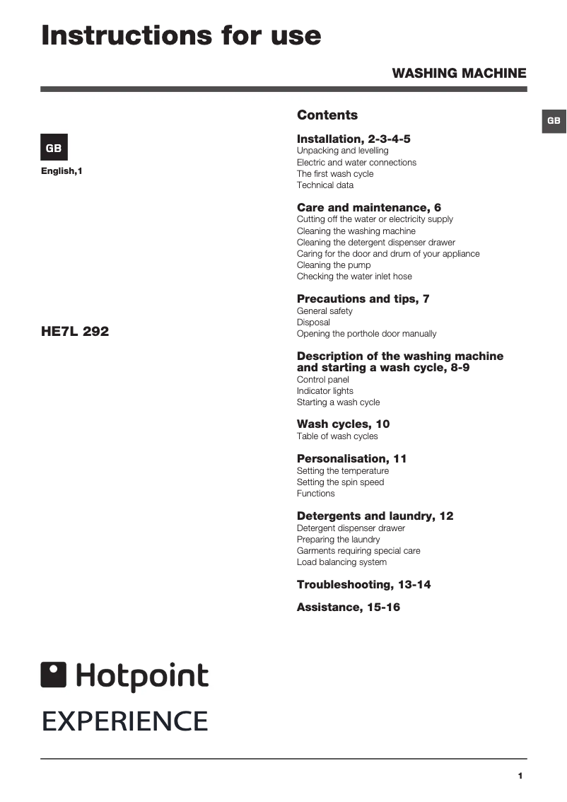 Page 1 of the manual User Manual Hotpoint Ariston HE7L292