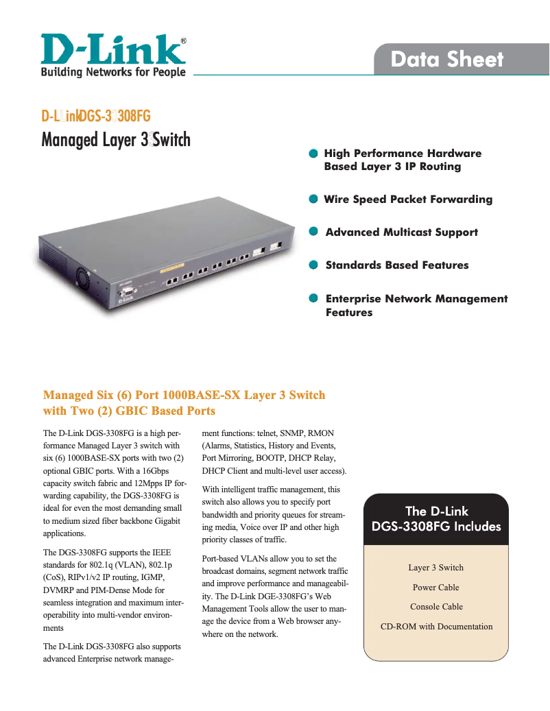 Page 1 of the manual Technical Sheet D-Link DGS-3308FG