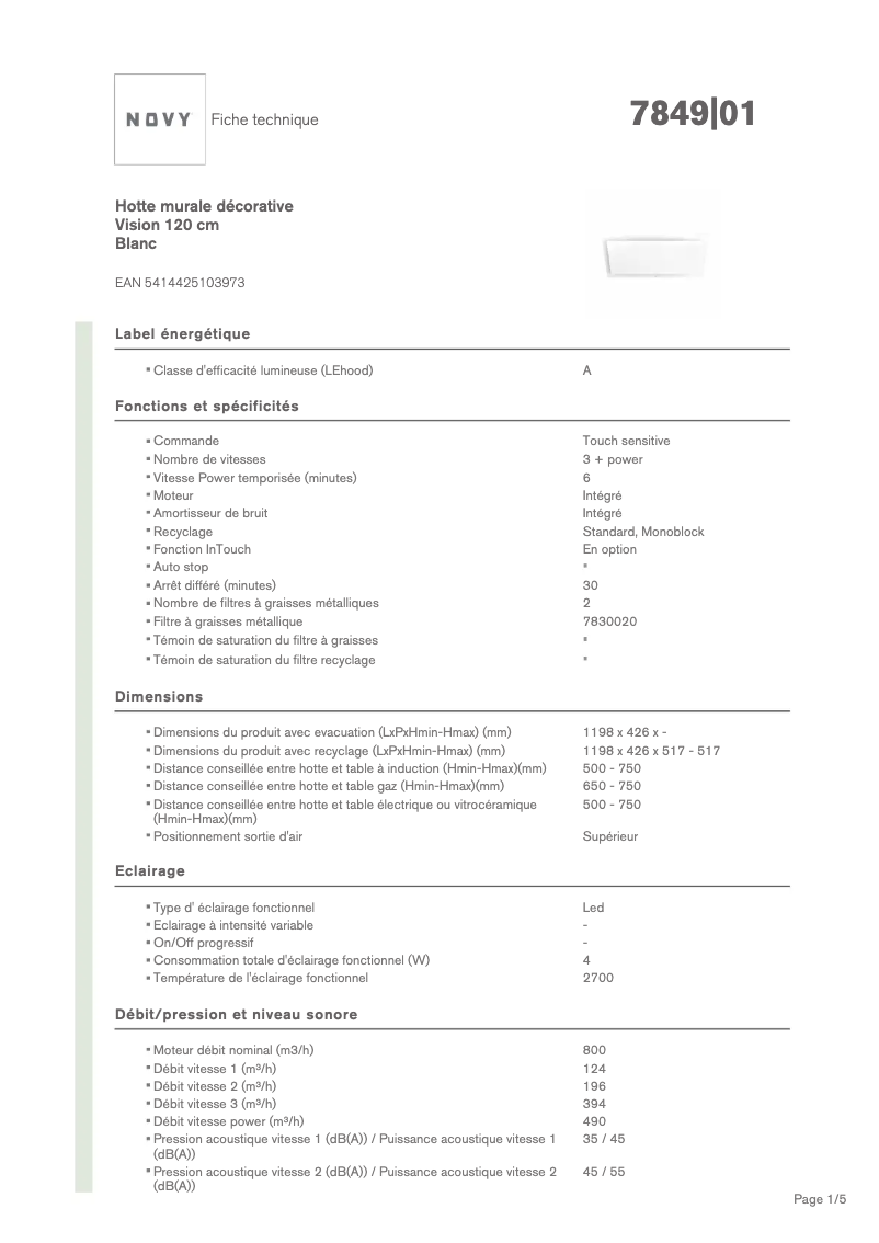 Page 1 of the manual Technical Sheet Novy Vision 7849