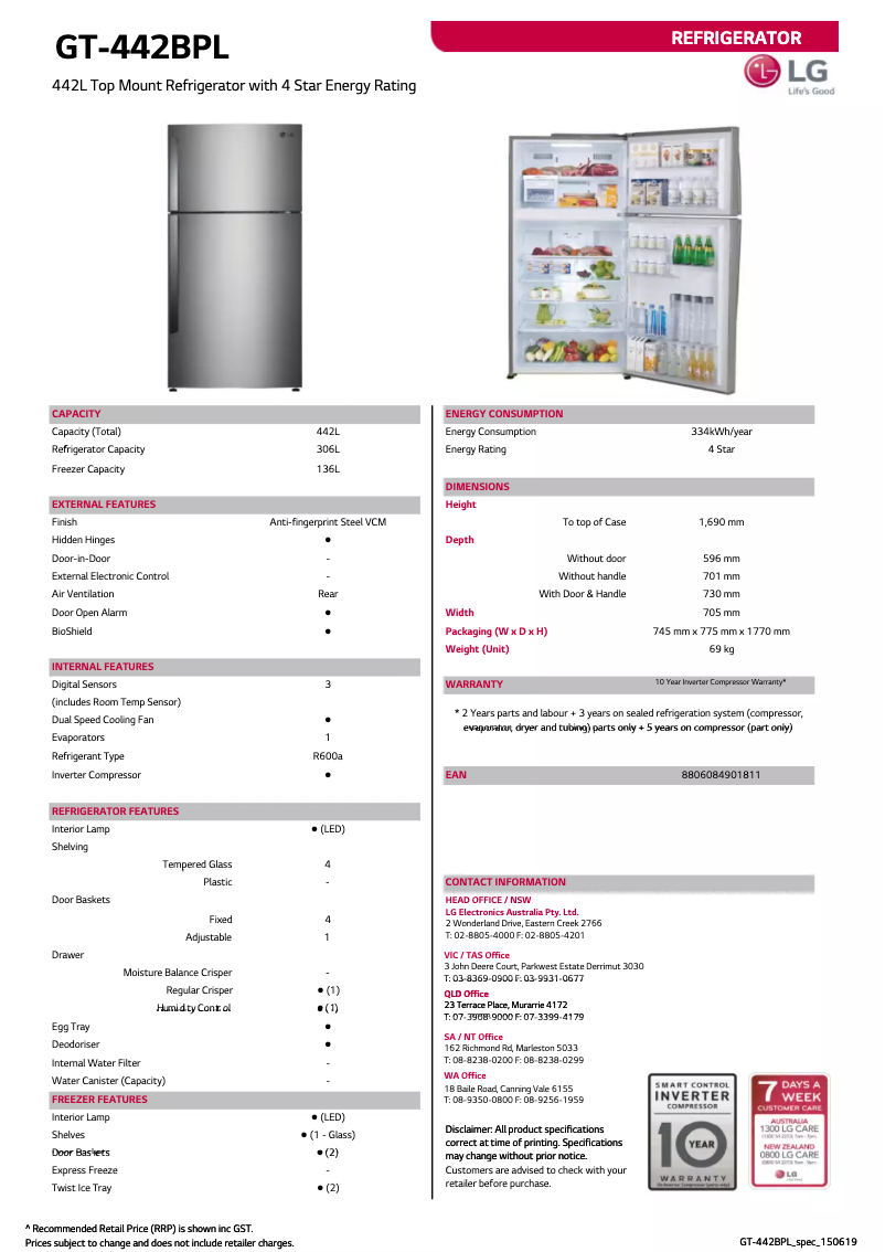 Page 1 of the manual Technical Sheet LG GT-442BPL