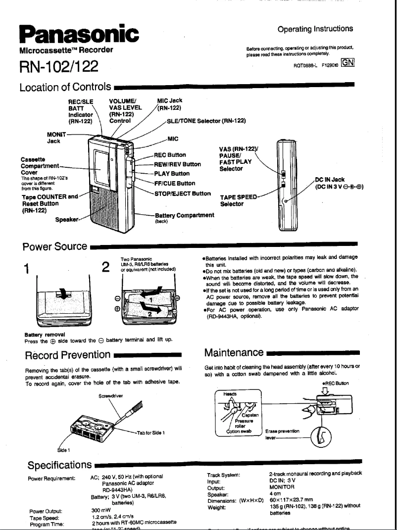 Page 1 of the manual User Manual Panasonic RN-102