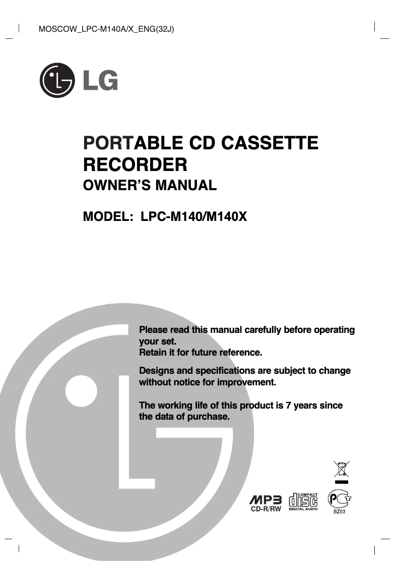 Page 1 of the manual User Manual LG LPC-140X
