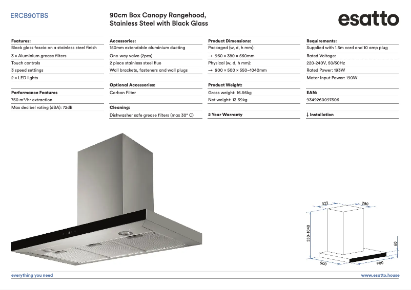 Page 1 of the manual Technical Sheet Esatto ERCB90TBS