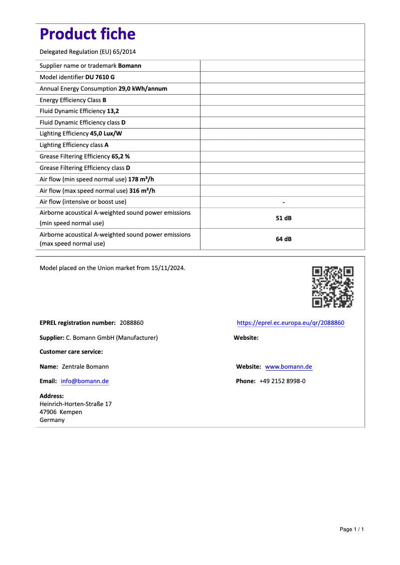 Page 1 of the manual Technical Sheet Bomann DU 7610 G