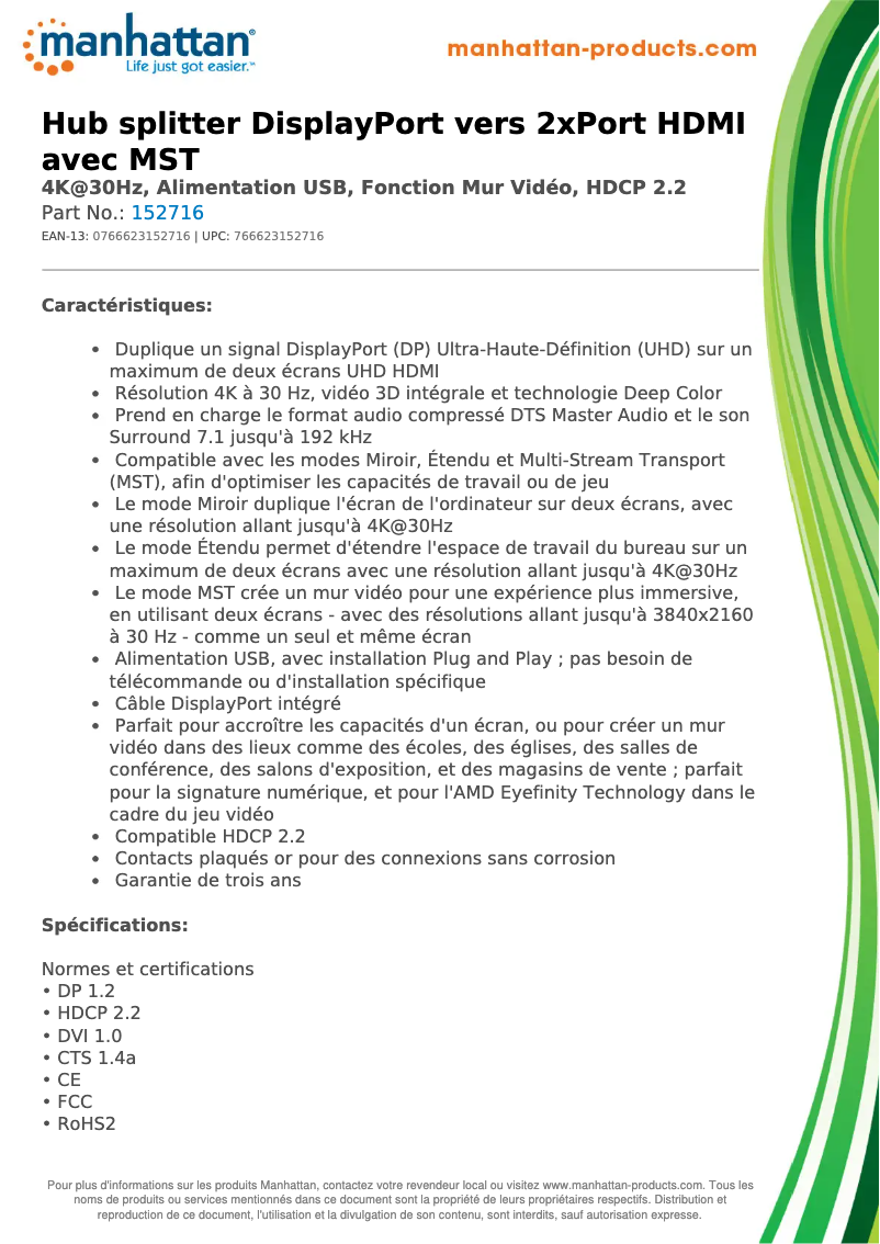 Page 1 of the manual Technical Sheet Manhattan 152716