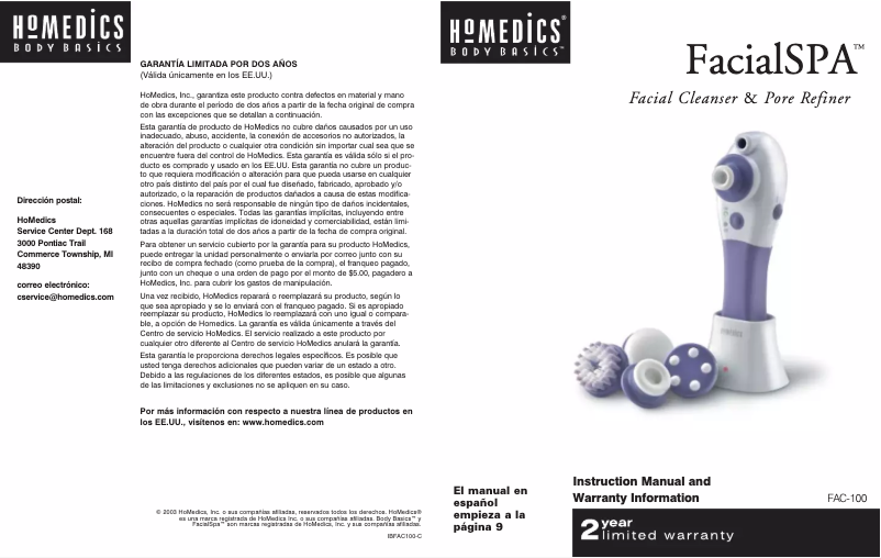 Page 1 de la notice Manuel utilisateur Homedics FAC-100