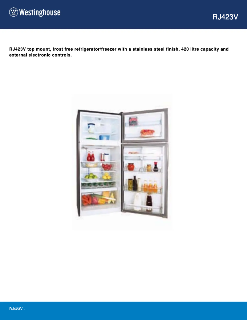Page 1 of the manual Technical Sheet Westinghouse RJ423V