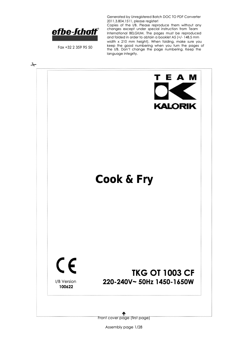 First page image of the manual for TKG OT 1003 CF