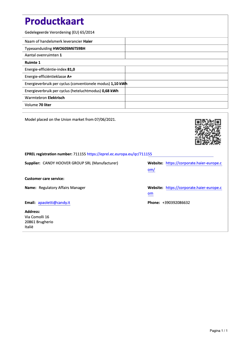 Page 1 of the manual Technical Sheet Haier HWO60SM6TS9BH