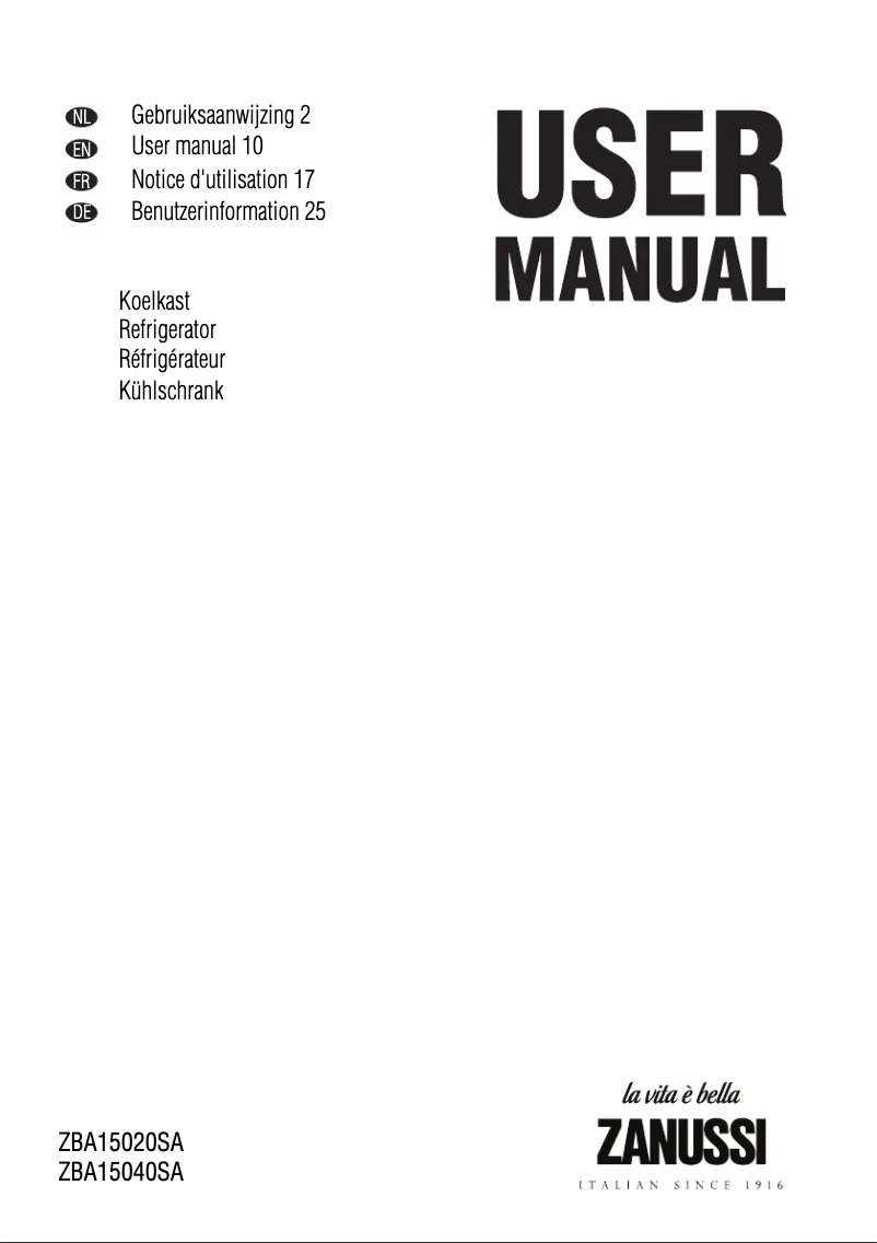 Page 1 of the manual User Manual Zanussi ZBA15020SA