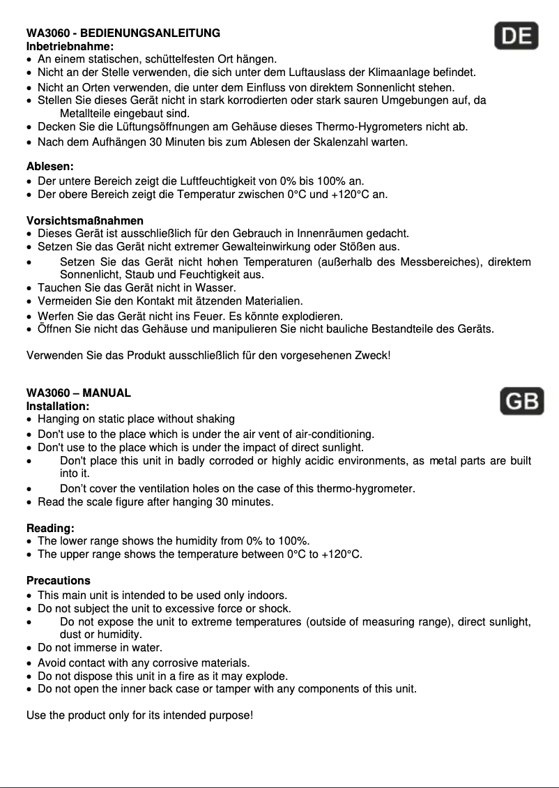 Page 1 of the manual User Manual Techno Line WA 3060