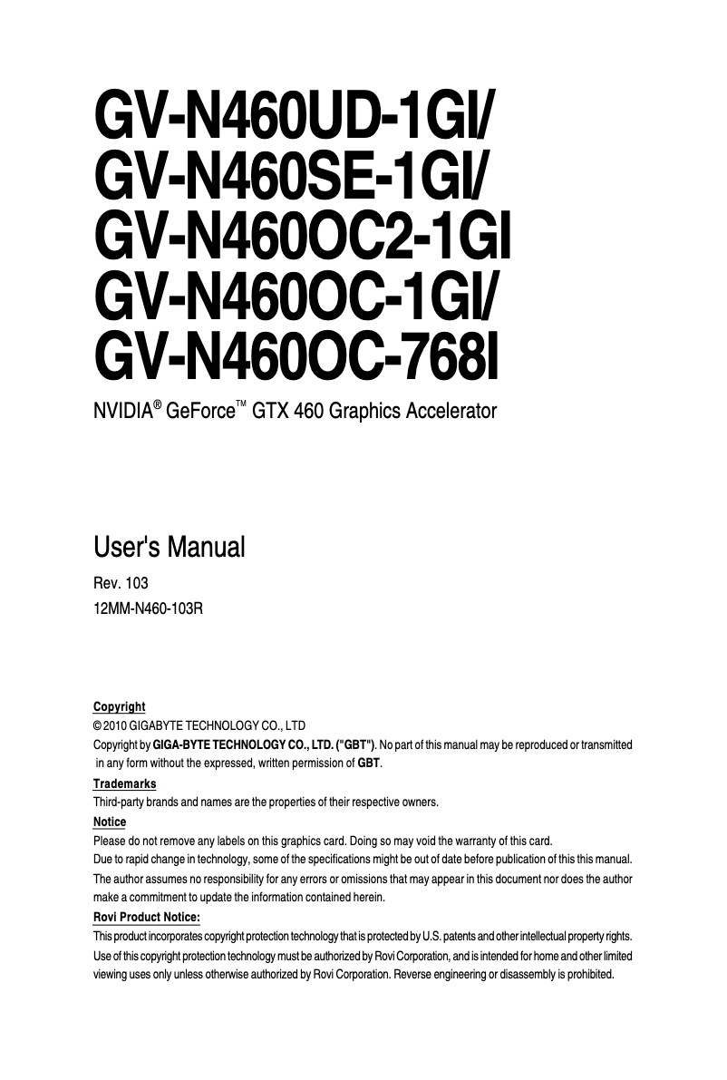 Page 1 of the manual User Manual Gigabyte GV-N460SE-1GI