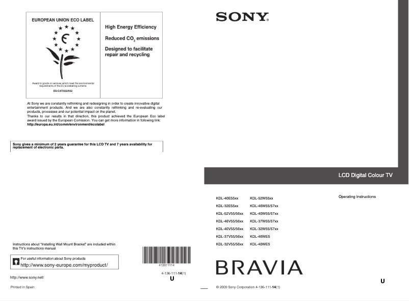 Page 1 of the manual User Manual Sony Bravia KDL-37W5740