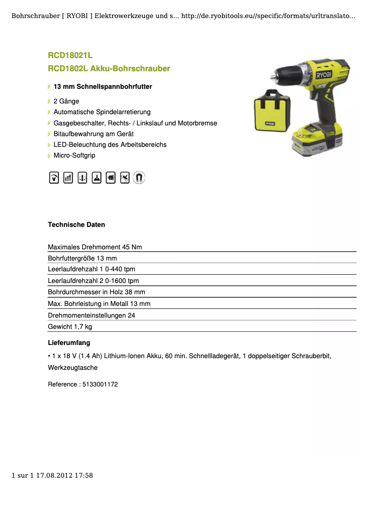 Page 1 of the manual Technical Sheet RYOBI RCD18021L