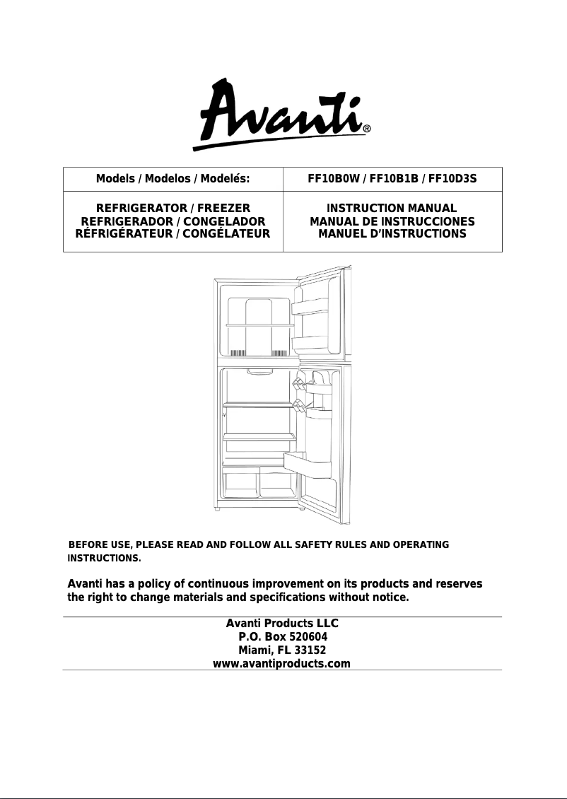 Page 1 of the manual User Manual Avanti FF10B0W
