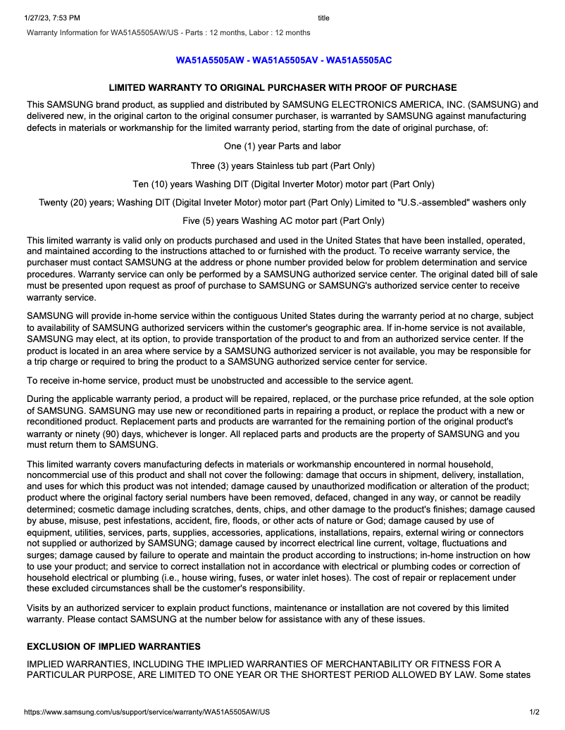 Page 1 of the manual Warranty Information Samsung WA51A5505AW