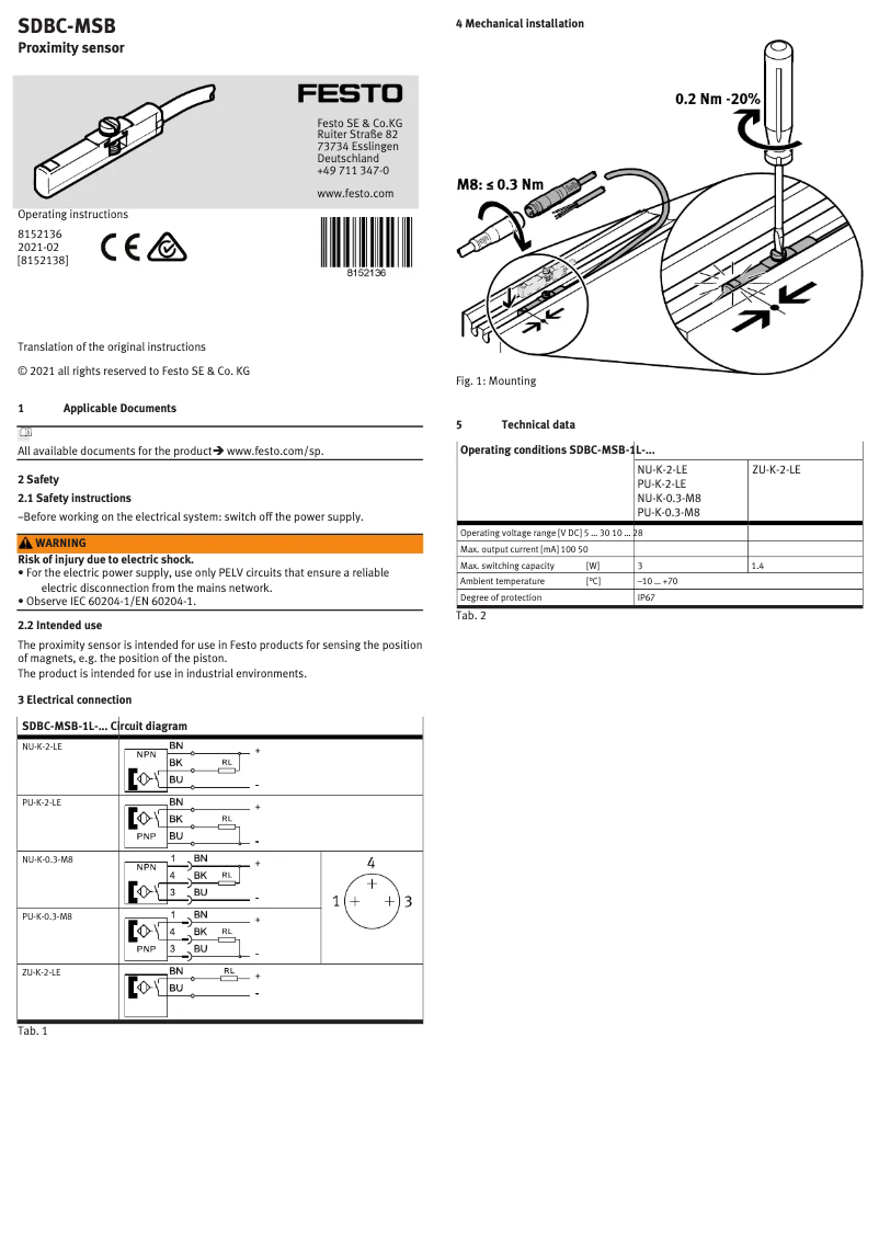 First page image of the manual for SDBC-MSB-1L-PU-K-0.3-M8