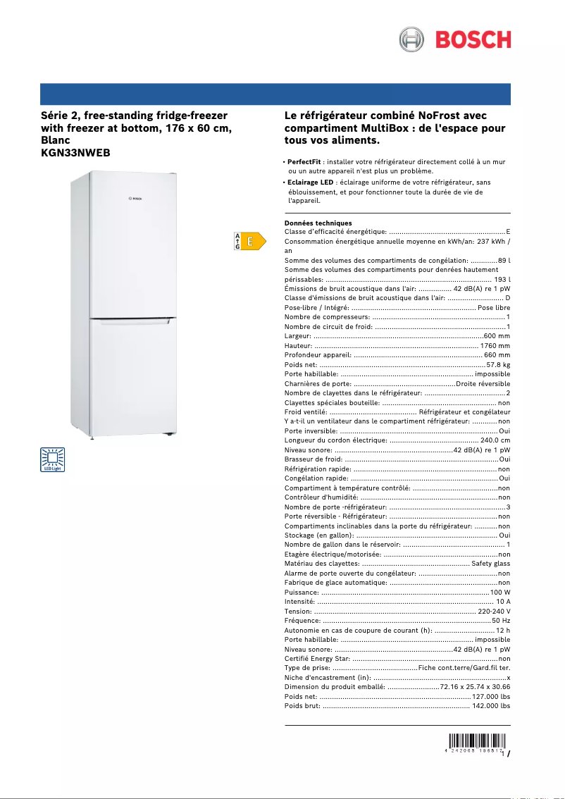 Page 1 of the manual Technical Sheet Bosch Serie 2 KGN33NWEB