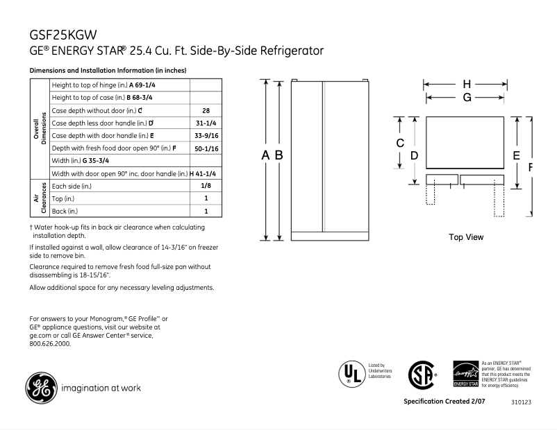 Page 1 of the manual Technical Sheet GE GSF25KGWBB