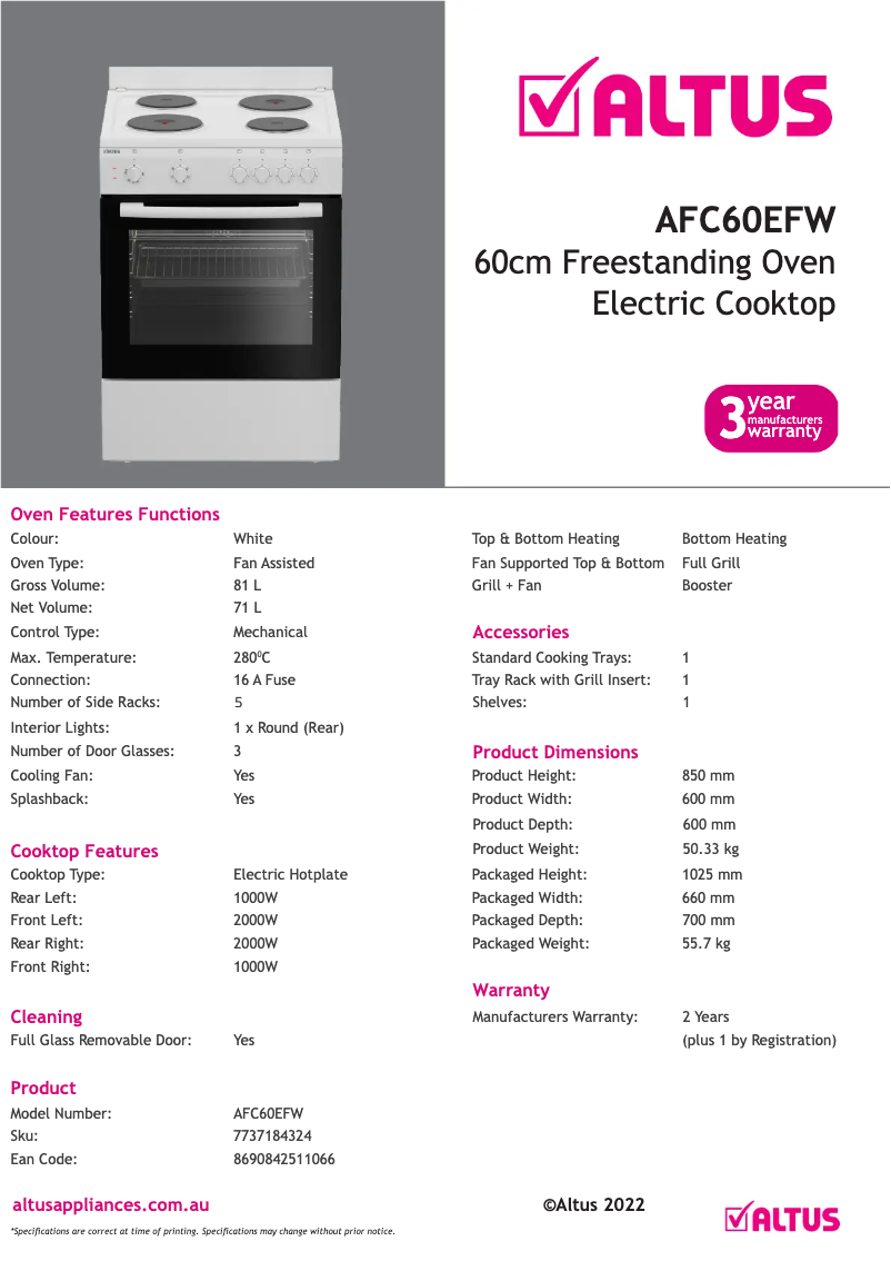 Page 1 of the manual Technical Sheet Altus AFC60EFW