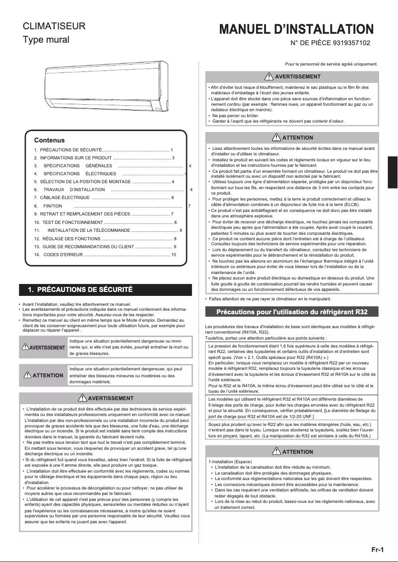 Page 1 de la notice Manuel utilisateur Fujitsu ECO ASHG18KLCA