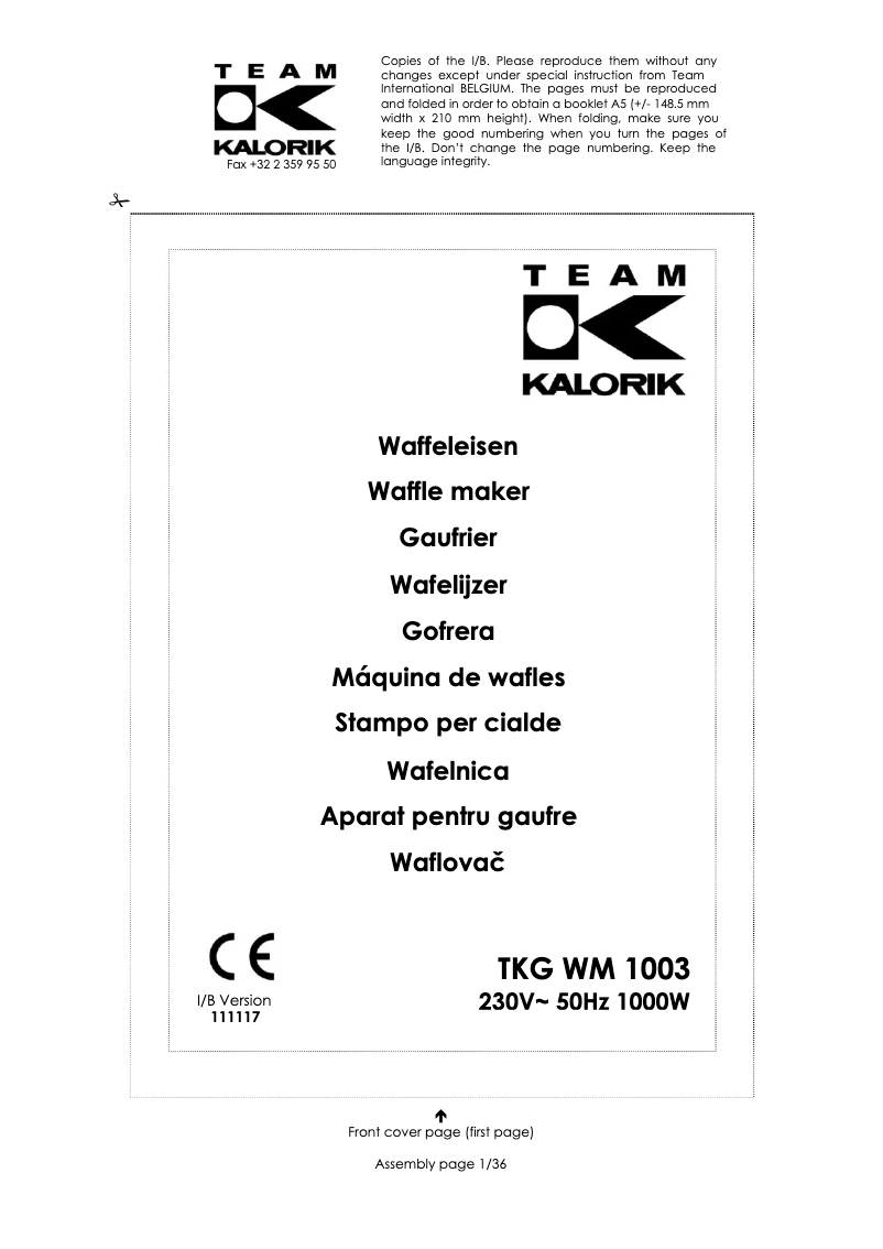 First page image of the manual for WM 1003