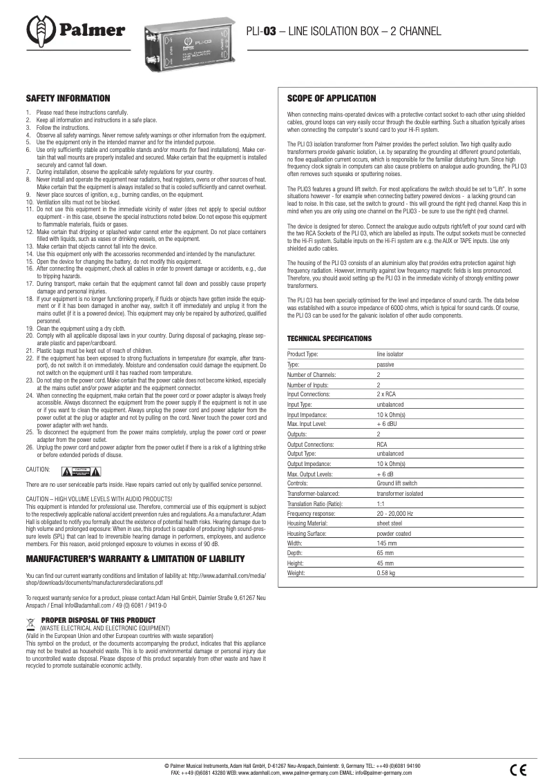 Page 1 of the manual User Manual Palmer PLI-03