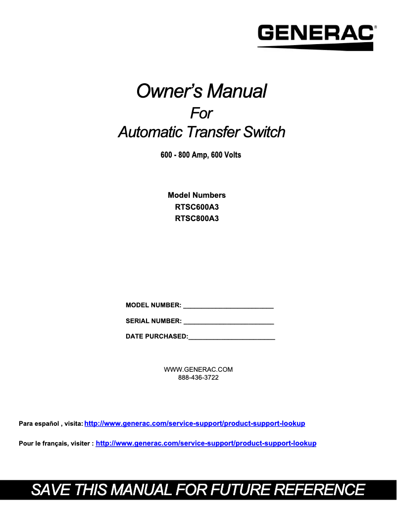 First page image of the manual for RTSC600A3