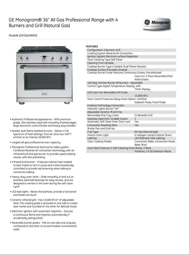 First page image of the manual for ZGP364NRRSS
