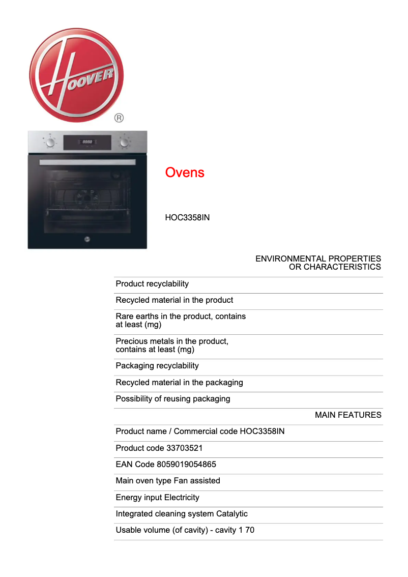 Page 1 of the manual Technical Sheet Hoover H-OVEN 300 HOC3358IN