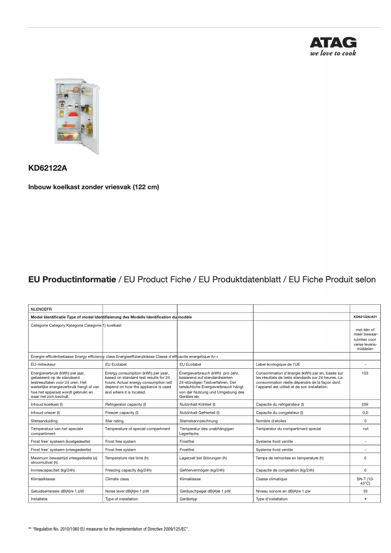 Page 1 of the manual Technical Sheet Atag KD62122A