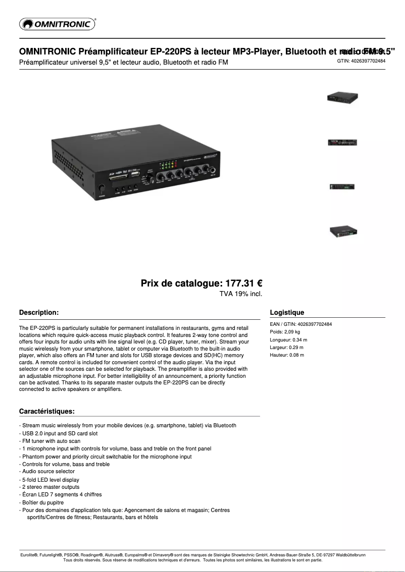 Page 1 of the manual Technical Sheet Omnitronic EP-220PS